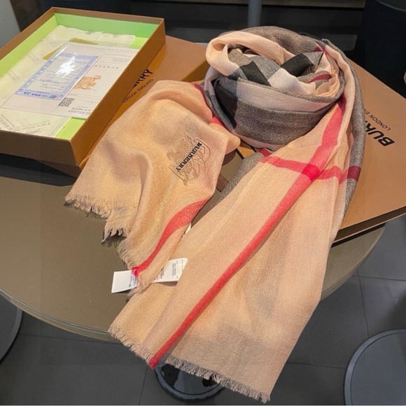 Burberry Beige and Red Check Scarf - Picture 1 of 8